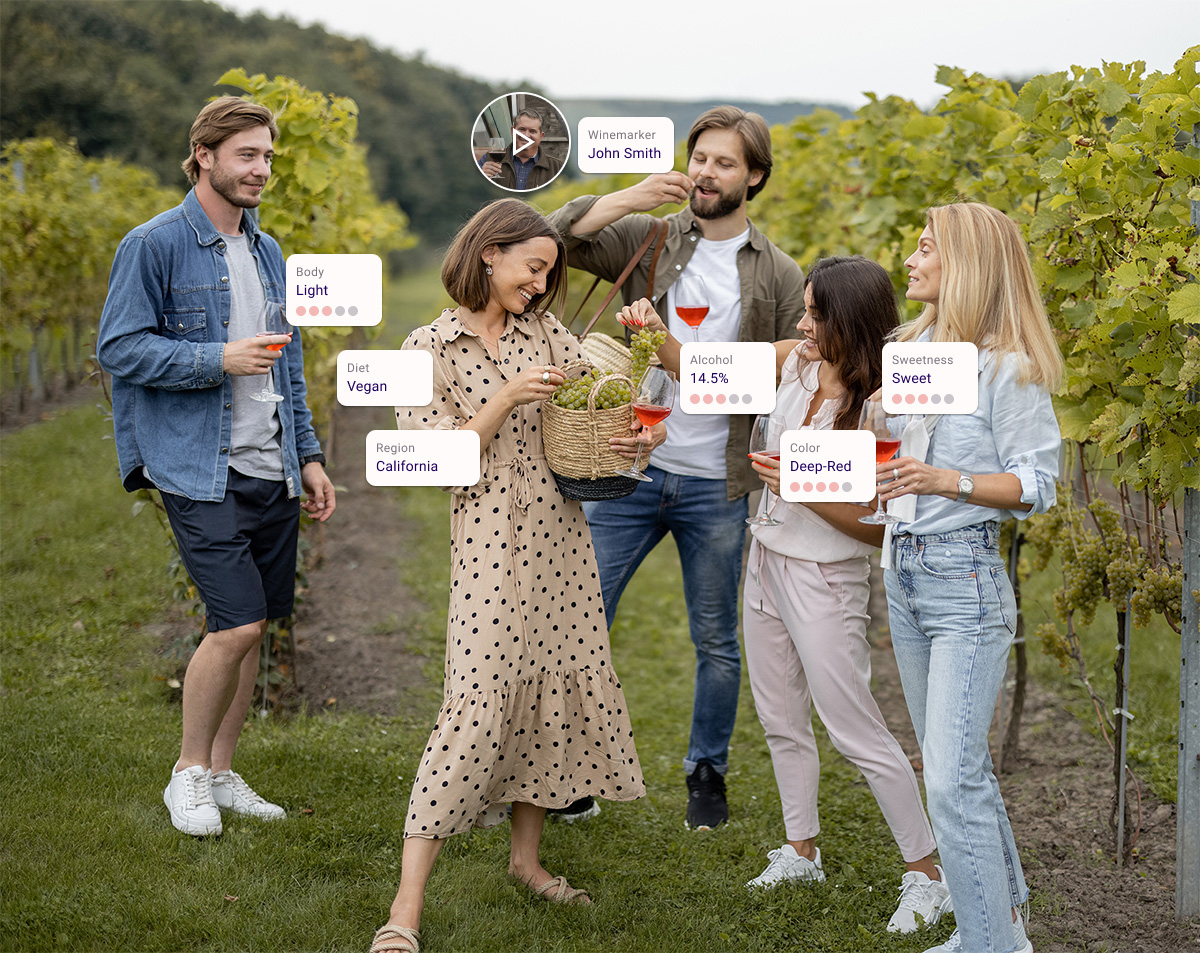 friends tasting wine near vineyards with augmented reality
