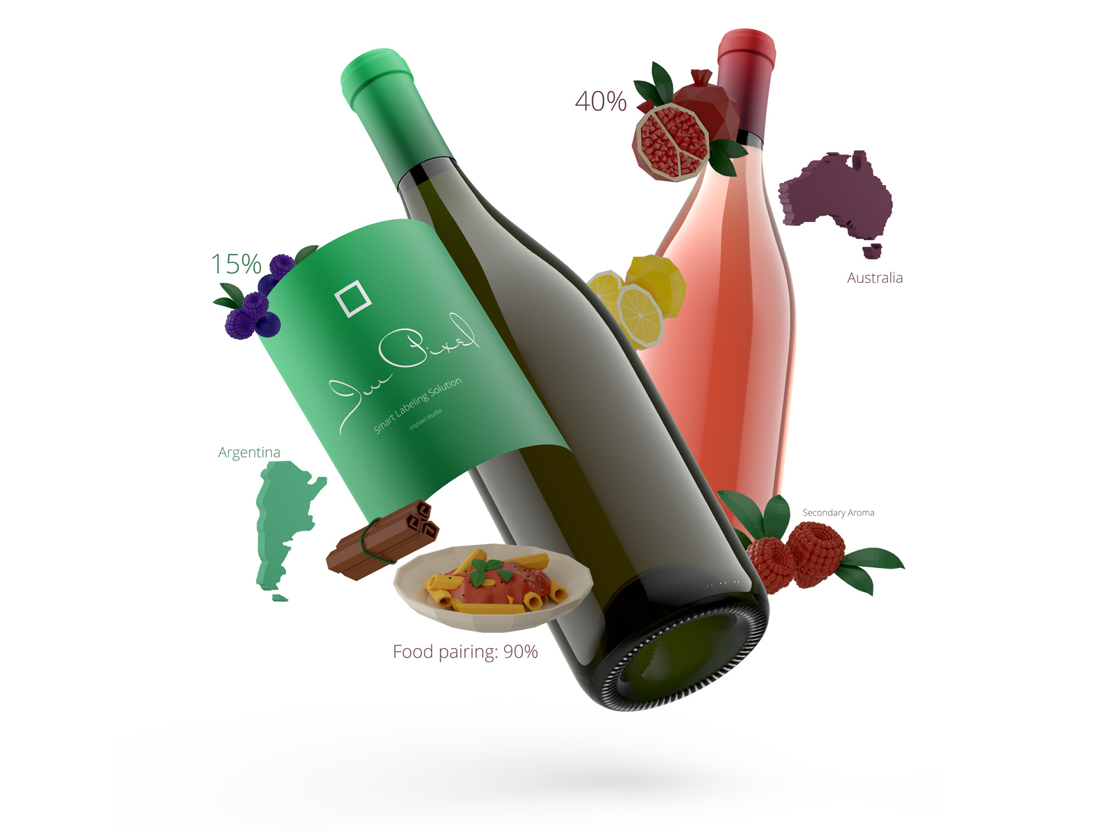 Bottle of wines with augmented reality objects